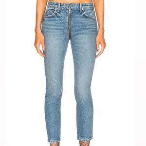 GRLFRND blue straight leg high rise jeans with zipper on front and back